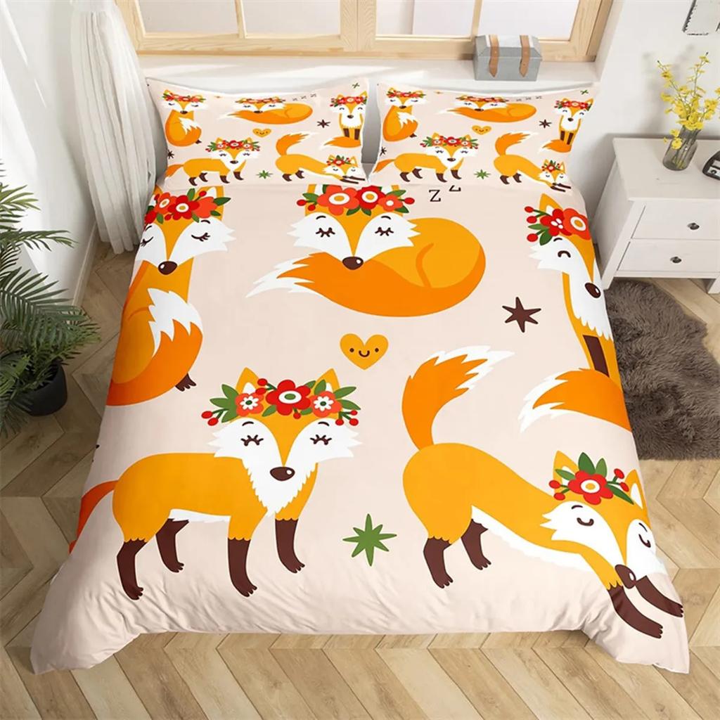 Tecknad Räv Påslakan Kawaii Djur Höstlöv Lönnlöv Tema Skogsdjur för Barn Kvinnor Flickor Sovrumsinredning
