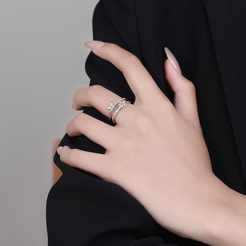 2026 French Light Luxury Butterfly Temperament Flower Ring Female Fairy Mori Student Double-layer Micro-inlaid Zircon Open Index Finger Ring