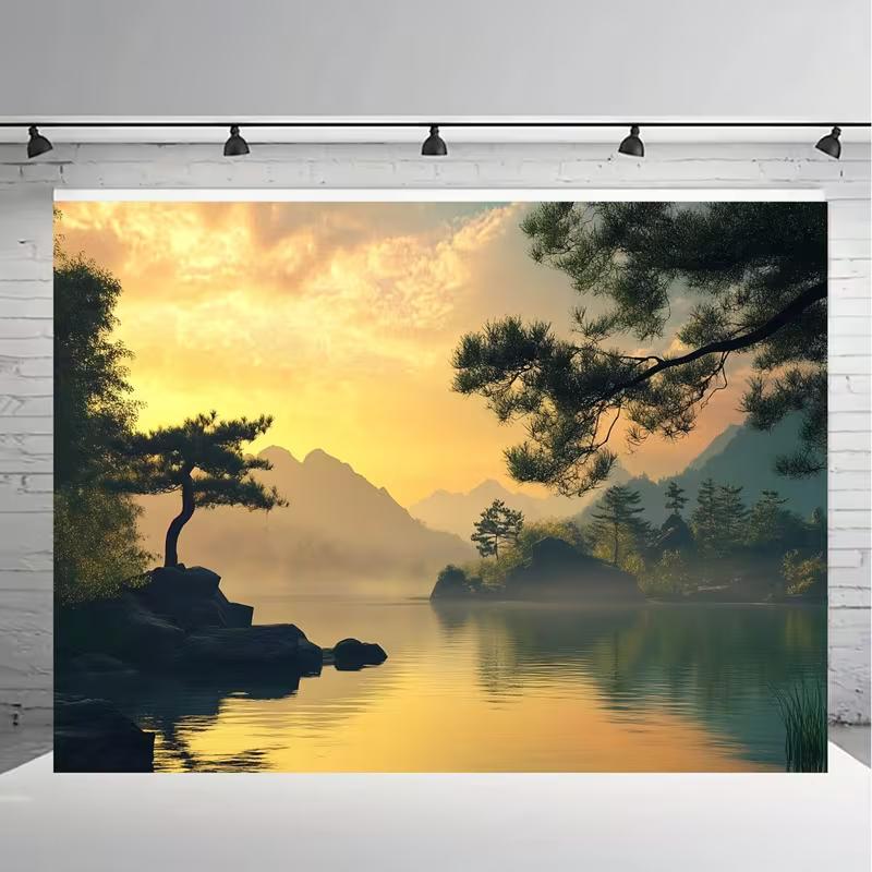 

2D Serene Oriental Lake Wall Hanging, Japanese Style Mountain Sunset Water Scene Background Cloth for Wall Decor 47.2x31.5inch/120*80cm