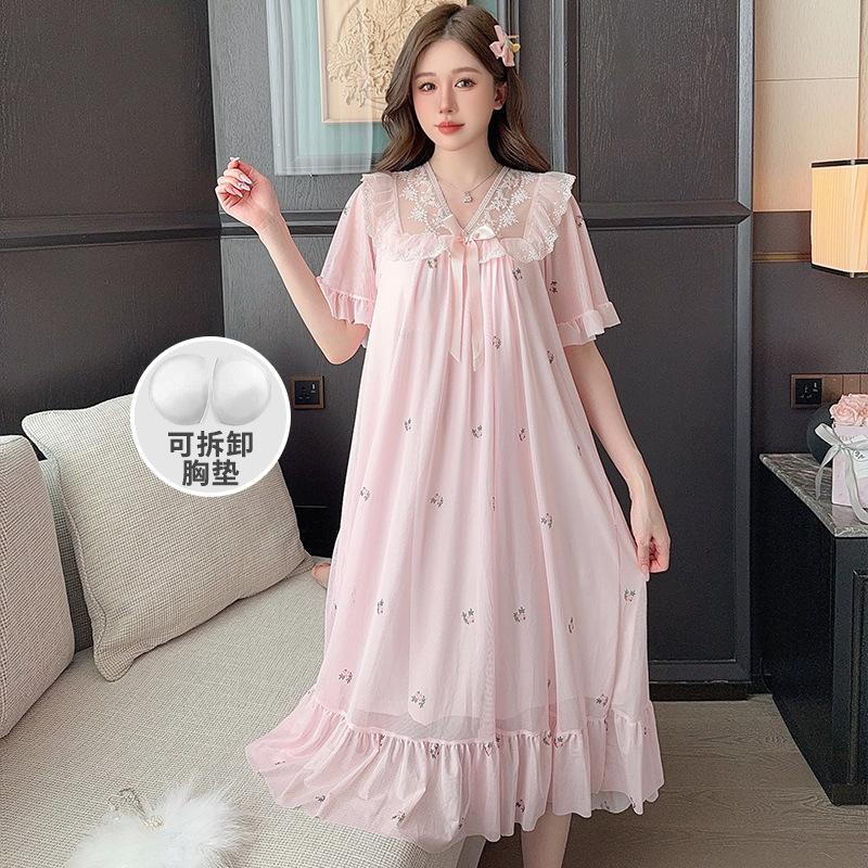 Linglei Летний Принт Цвет Кружево Бант Сетка Стиль Придворной Принцессы Длинная Ночная Рубашка Пижама Одежда для Дома Женская M
