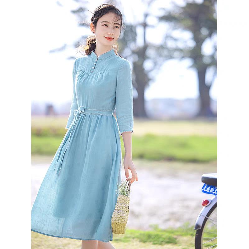 New Chinese National Style Retro High Sense Improved Cheongsam 2025 Summer New Seven-quarter Sleeve Slim Dress