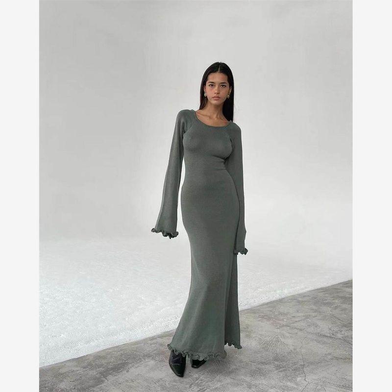 

European and American Sexy Open Back Tie-Neck Flared Sleeves Knitting Dress Sexy Knitted Backless Dress Green S