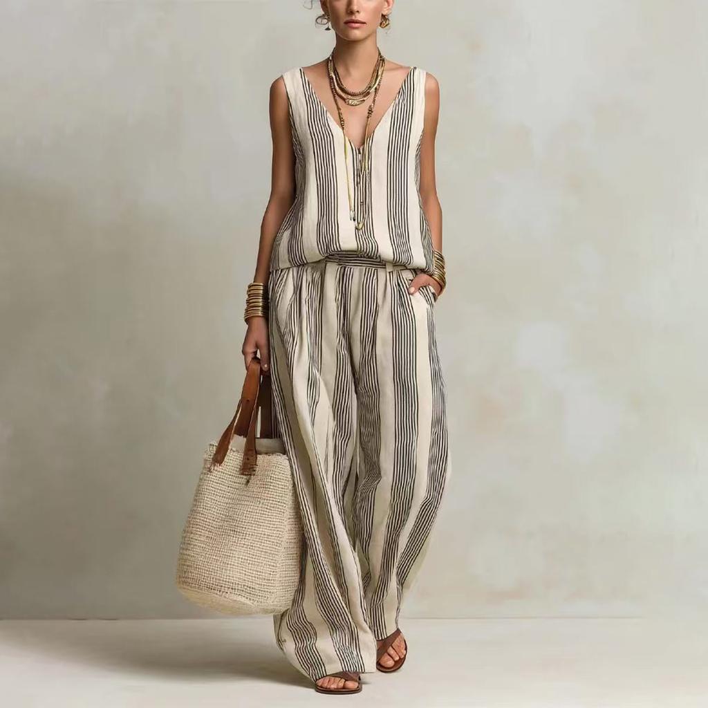 Womens Sleeveless V Neck Vacation Striped Top and Wide Leg Pants Set Casual Summer Outfit Lightweight Relaxed Fit Two Piece