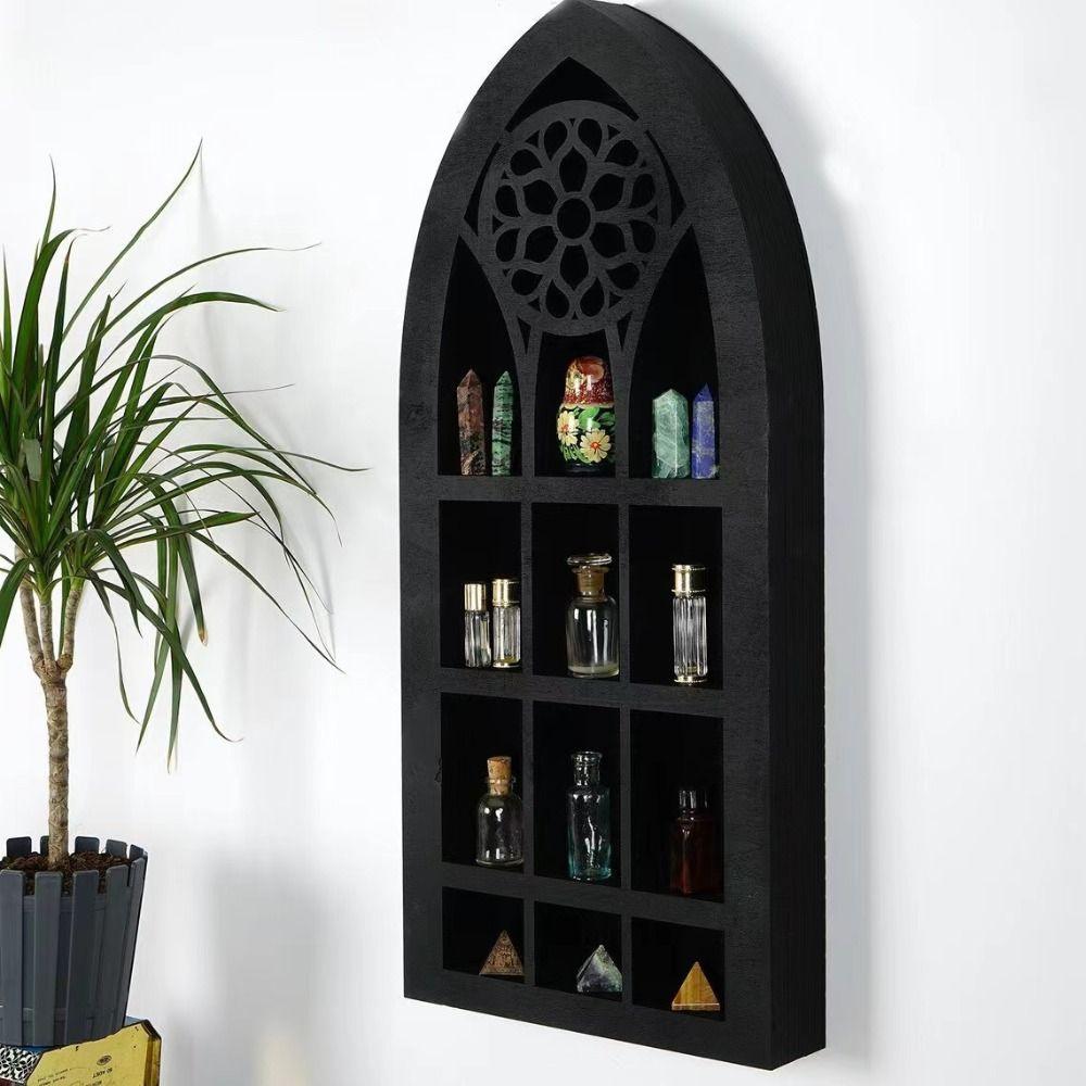 Gothic Design Old Church Window Shelf Black Finish Crystal Wall Shelf  Living Room