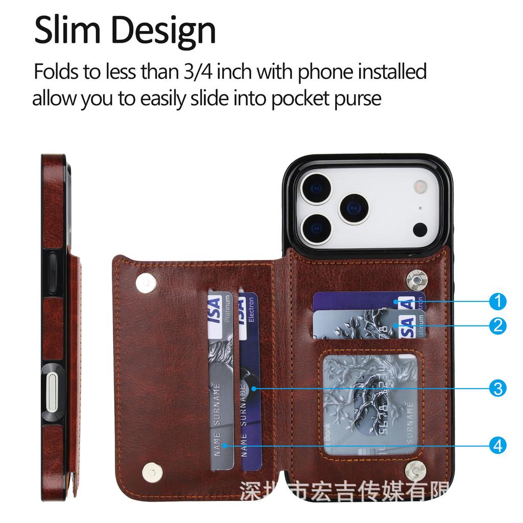 Suitable for Phone17  multiple phone models, Crazy Horse pattern double buckle phone leather case, Apple 16e/15 card insertion sticker protective case