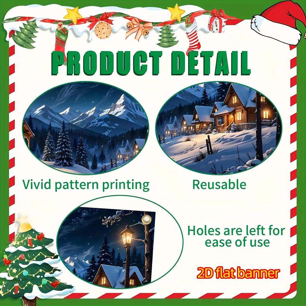 1 large Christmas garage backdrop depicting a winter mountain landscape a small cabin and a Christmas tree