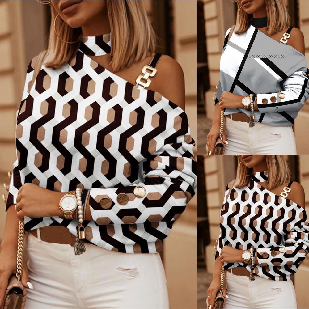 2023 Autumn/Winter Long Sleeve Chain Halter Print Button-Decorated Top for Women