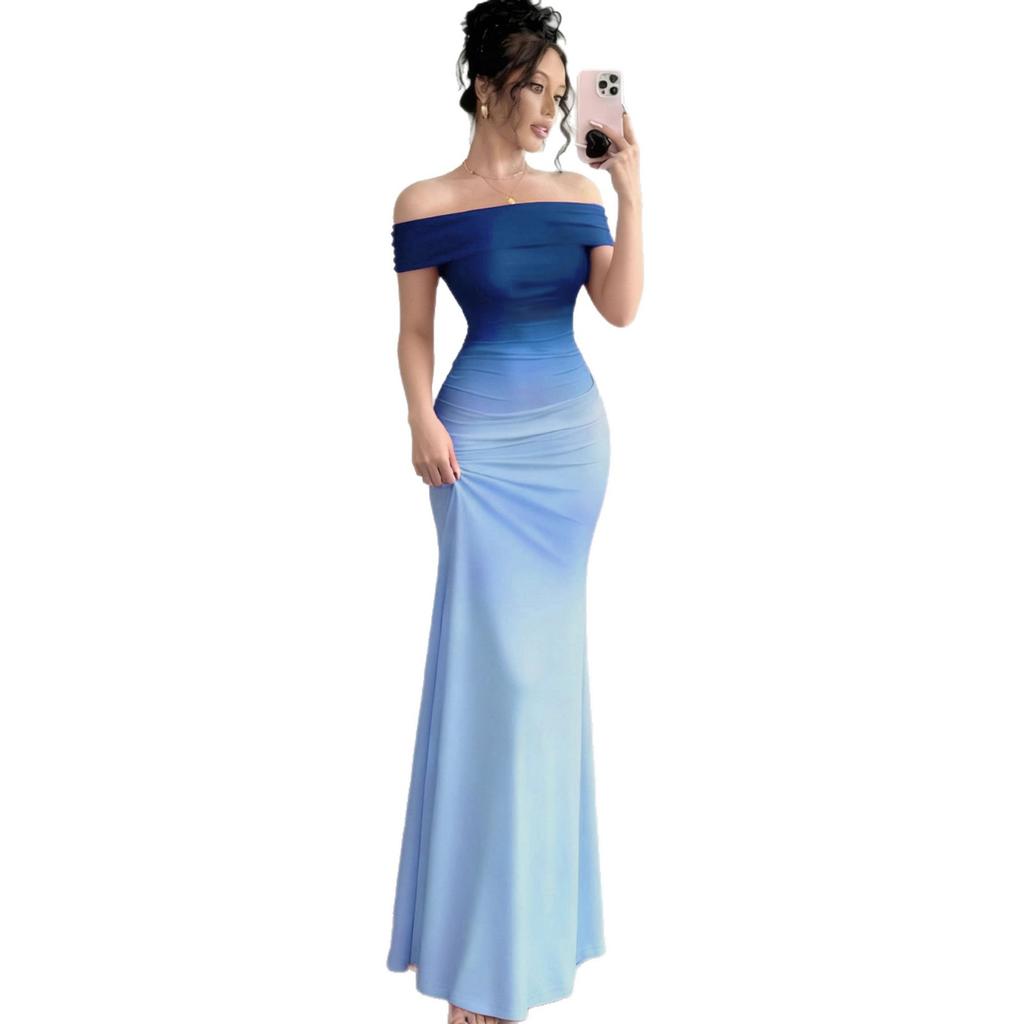 Off Shoulder Gradient Fishtail Maxi Dress