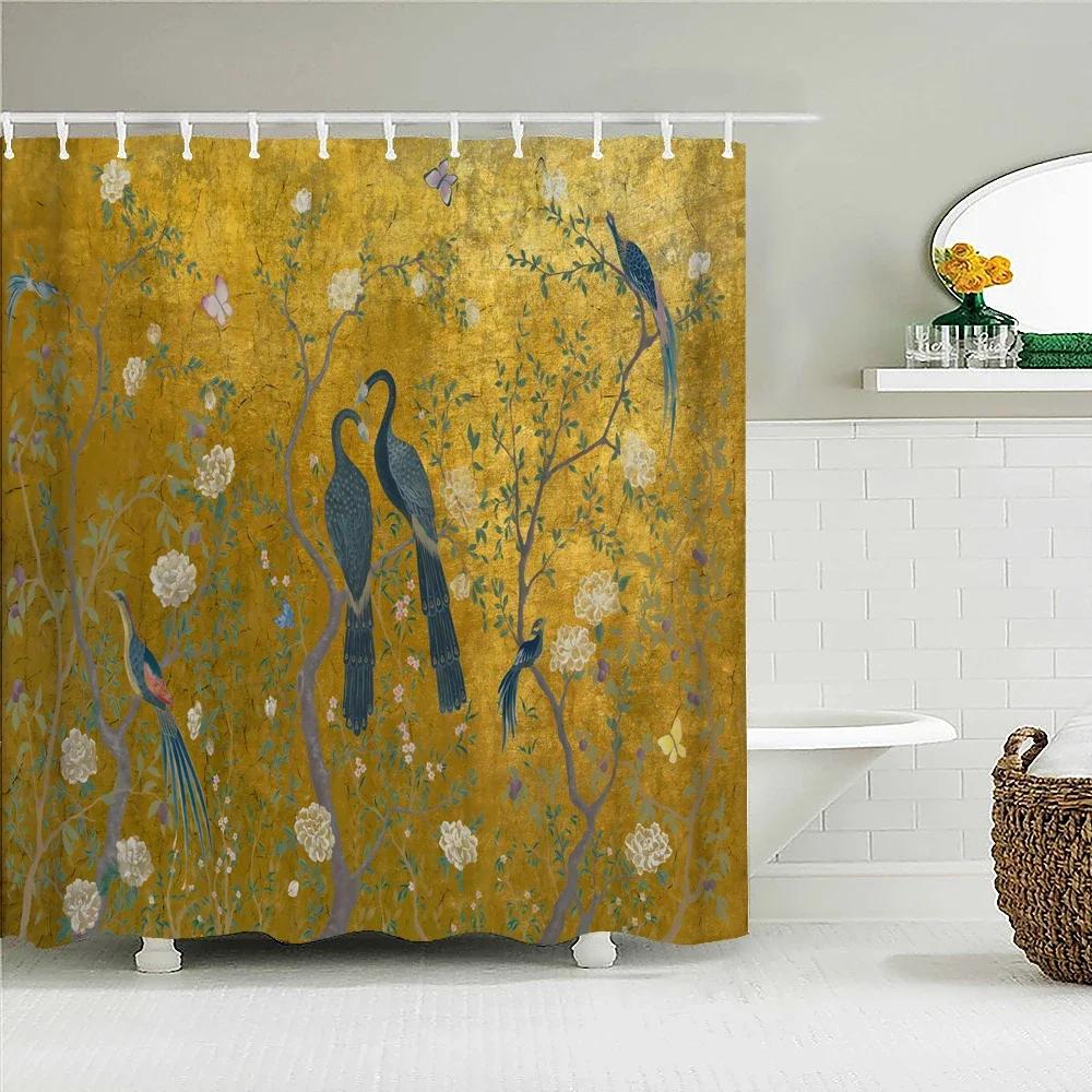 Chinese-style Printed Shower Curtain Waterproof Fabric Bathroom Plum Bossom Flowers Birds Plants  Bathtub Screen Home Decorate