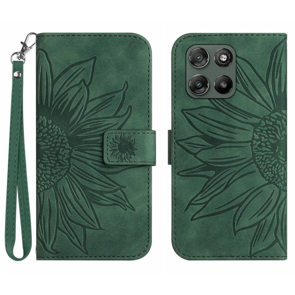 For Motorola Moto G67 Power 5G Case Sunflower Imprint Leather Wallet Phone Cover with Wrist Strap