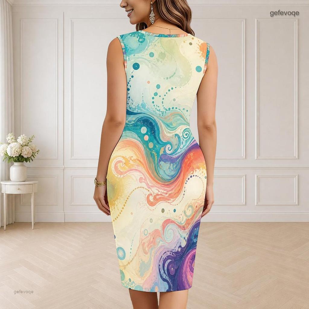 Women Plus Size V Neck Sleeveless Black Gold Printed Bodycon Midi Dress
