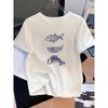 T-shirt Casual da Donna a Maniche Corte, Stampa Pesce Blu - Girocollo Bianco Vestibilità Larga, Adatta per l'Uso Quotidiano, Vacanze,