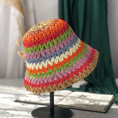 Rainbow Color Bucket Hat Women's Summer Thin Sunscreen Sun Hat Handmade Straw Hollow Straw Hat Women's Versatile Tide