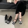 Woolen rhinestone thick heel single shoes women's new spring skirt gray Mary Jane shoes