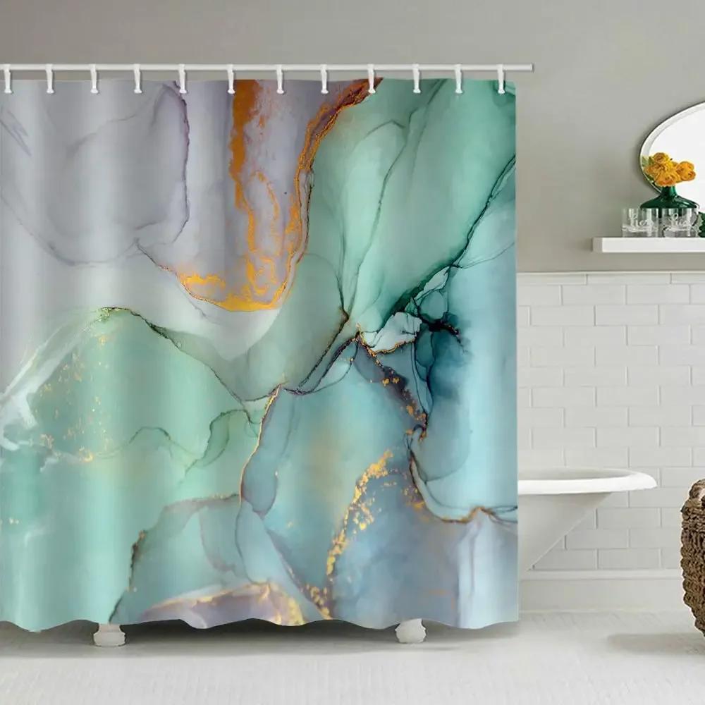 Abstract Marble Shower Curtain, White Gray Black Gold Blue Green Textured Stripe Simple Modern Ink Art, Bathroom Decorative