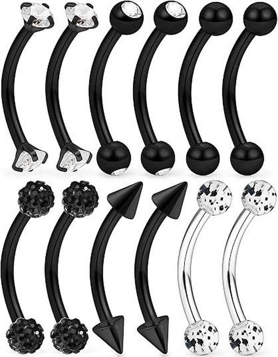 Set di 10 Orecchini e Piercing per Sopracciglia alla Moda in Acciaio Inossidabile 16G con Zirconi