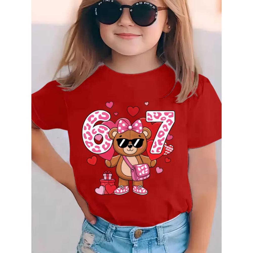 Children's Cute Girl T-Shirt Cartoon Bear Digital 67 Print Fashion Round Neck Short Sleeve Top Clothing Gift Children's Clothing