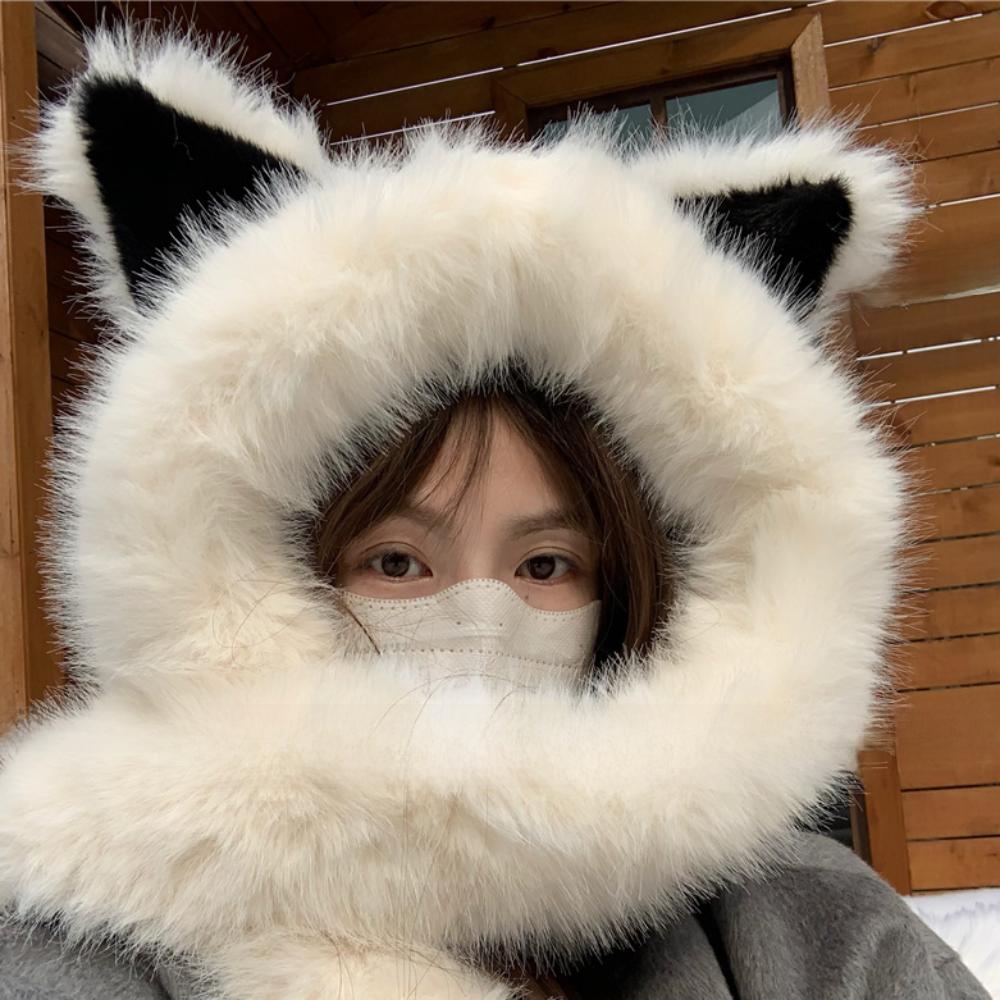 Windproof Plush Vixen Ear Beanie Hat Thicken Hooded Scarf Cute Integrated Cap Scarf Outdoor