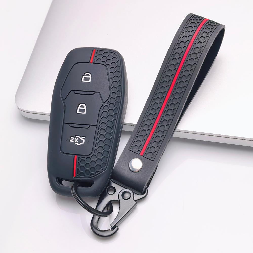 Funda de Silicona para Llave con Llavero para Llave Inteligente Ford de 3 Botones, Se Adapta a Ford Focus Mondeo Kuga Escape MK4 Mustang Contra Deslizante Agarre de Panal
