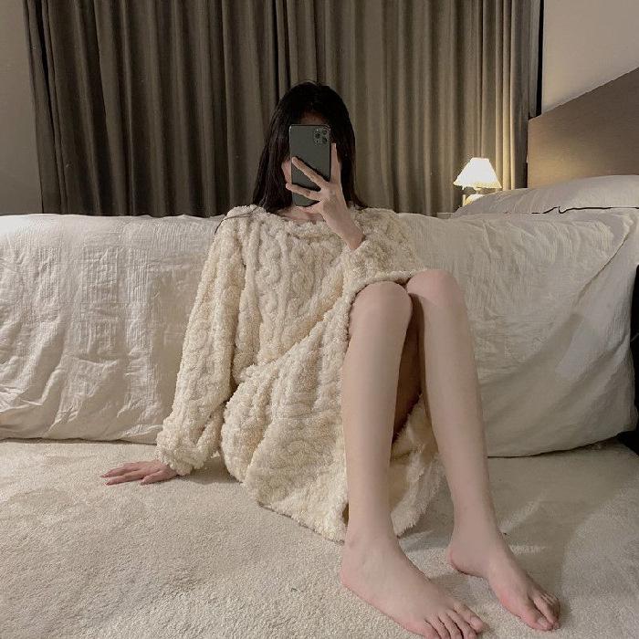 

Уютная длинная ночная сорочка из кораллового флиса - Большой размер Теплая зимняя пижама с плюшевым вельветом XX-Large абрикосовый