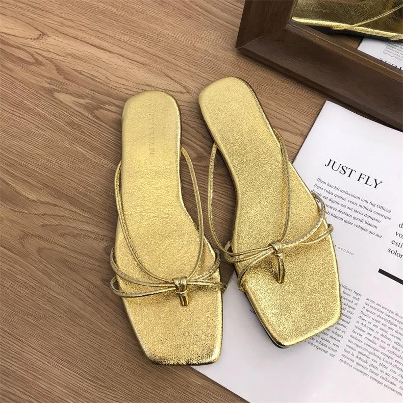 Spring 2025 new flat-bottomed cool slippers square-headed fairy style with skirt strap cover toe silver sandals women's shoes