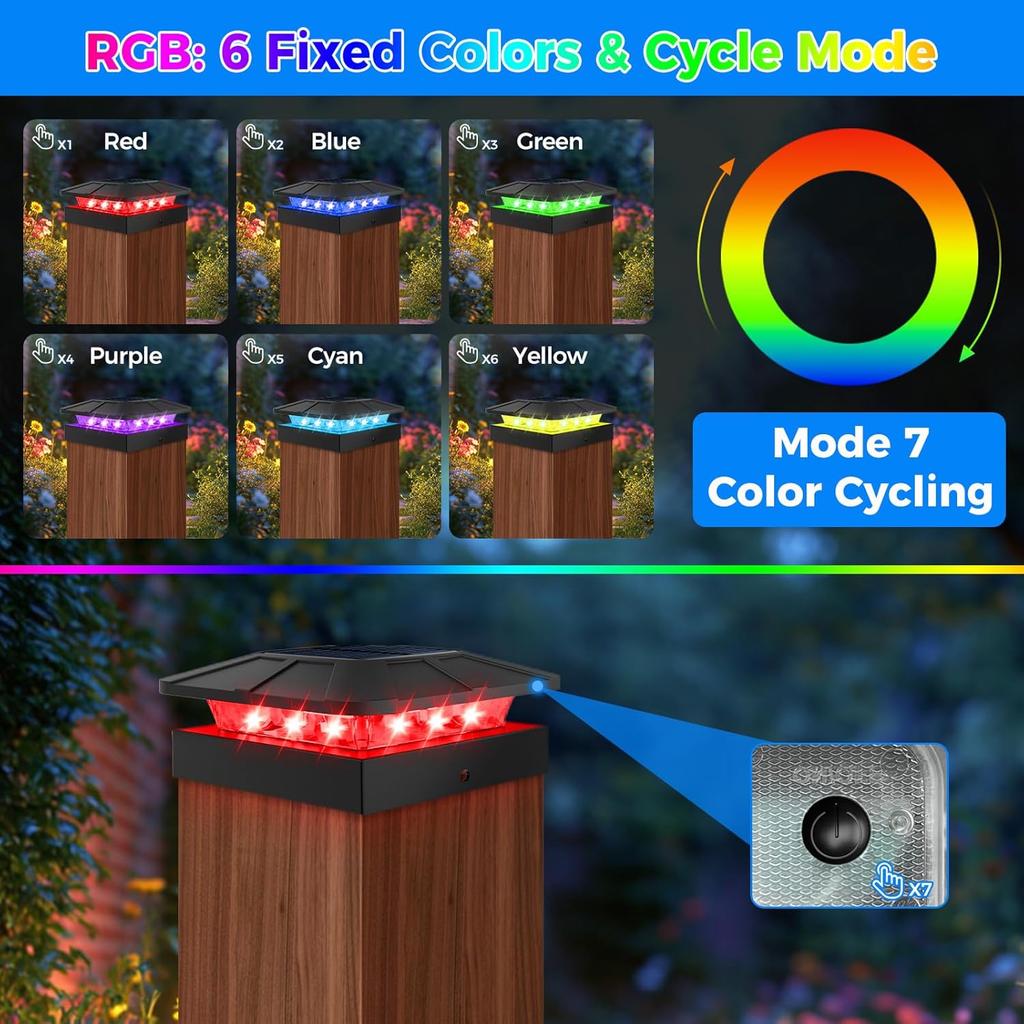 RGB Color Changing Solar Post Cap Light Outdoor 4x4 Solar Powered Fence Light Waterproof For Wood Vinyl Post Deck Porch Lighting