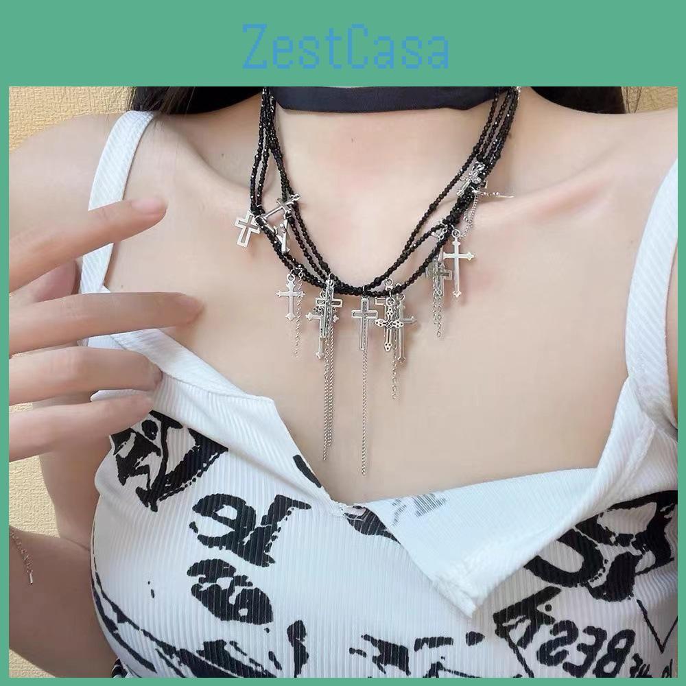 Punk Cross Dark Style Necklace Geometric Shape Tassel Choker For Travel Souvenir
