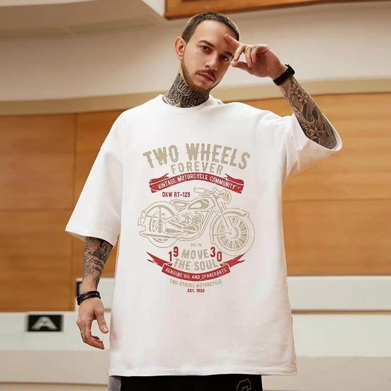 M-8XL Oversized Tshirts  Men's American Retro Motorcycle Short Sleeve T-shirt Large White Round Neck Top Retro Clothing