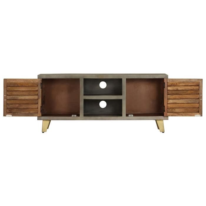 Meuble TV - Maison Exclusive - Bois massif de manguier - Gris laqué - Pieds laiton 110x30x48 cm