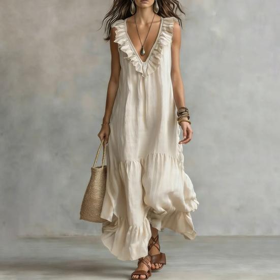 Women's Deep V Neck Ruffle Trim Maxi Dress, Sleeveless Loose Flowy Beach Sundress, Summer Casual Tiered Ruffle A-line Long Dress