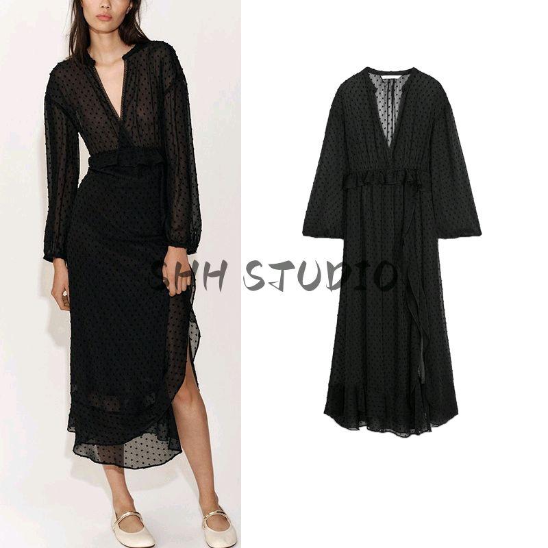 Spring New Women's Clothing Hepburn Style Laminated Decoration Fashion Tulle Long Sleeves V-neck Dress 2207809