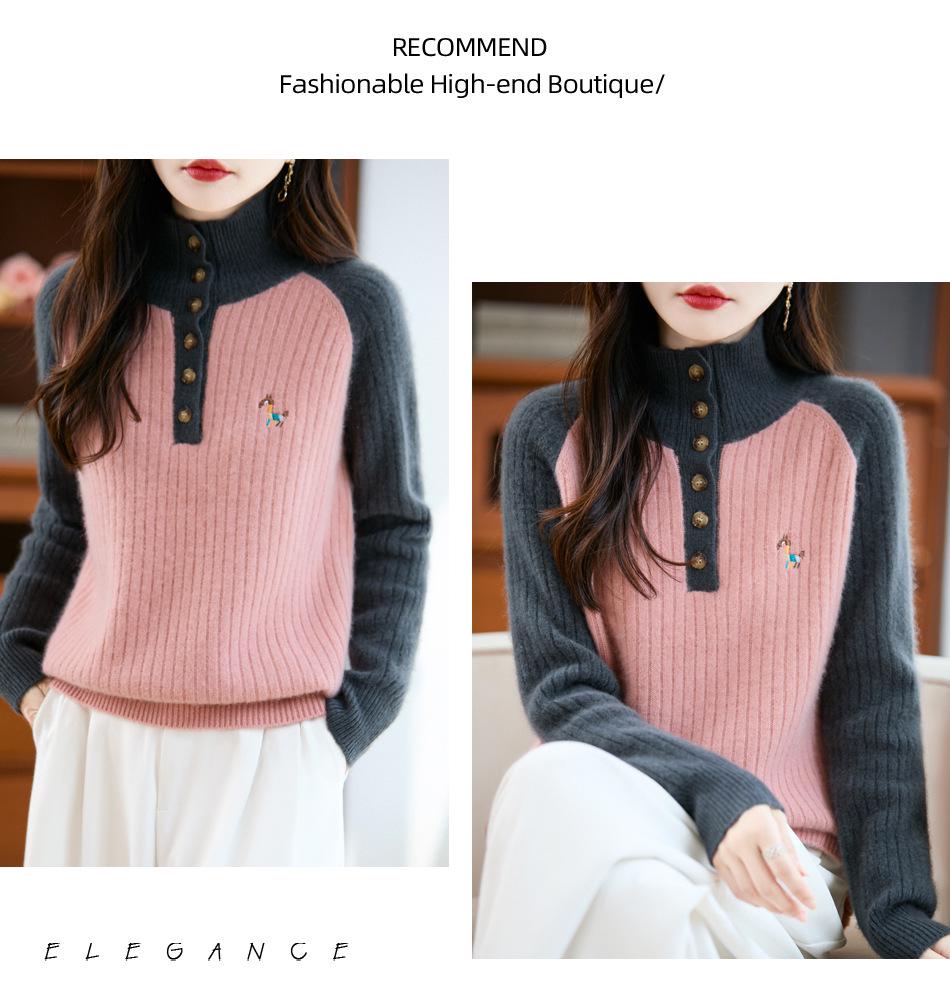 Women's Stand Collar Thick Embroidered Wool Sweater - Autumn/Winter Knitwear with Color Block and Small Horse Logo