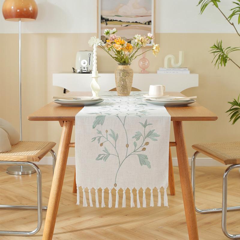 Embroidery Table Flag Linen Table Cloth Tassel Coffee Table Table Runner Home Long Table Decoration Cloth Rustic Style Table Flag Sideboard