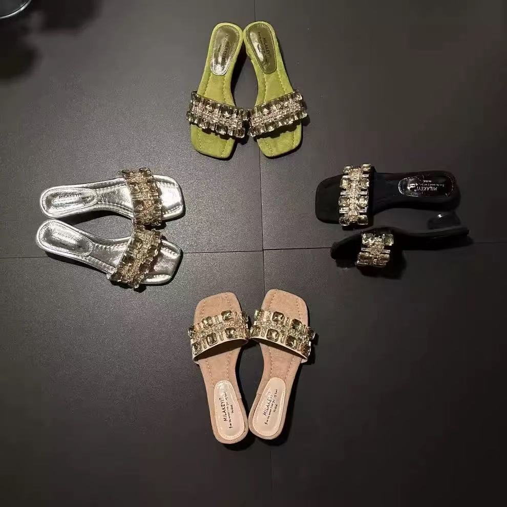 Slippers women's new French rhinestone square head thick heel open toe in the summer of 2025 wear versatile high-heeled sandals