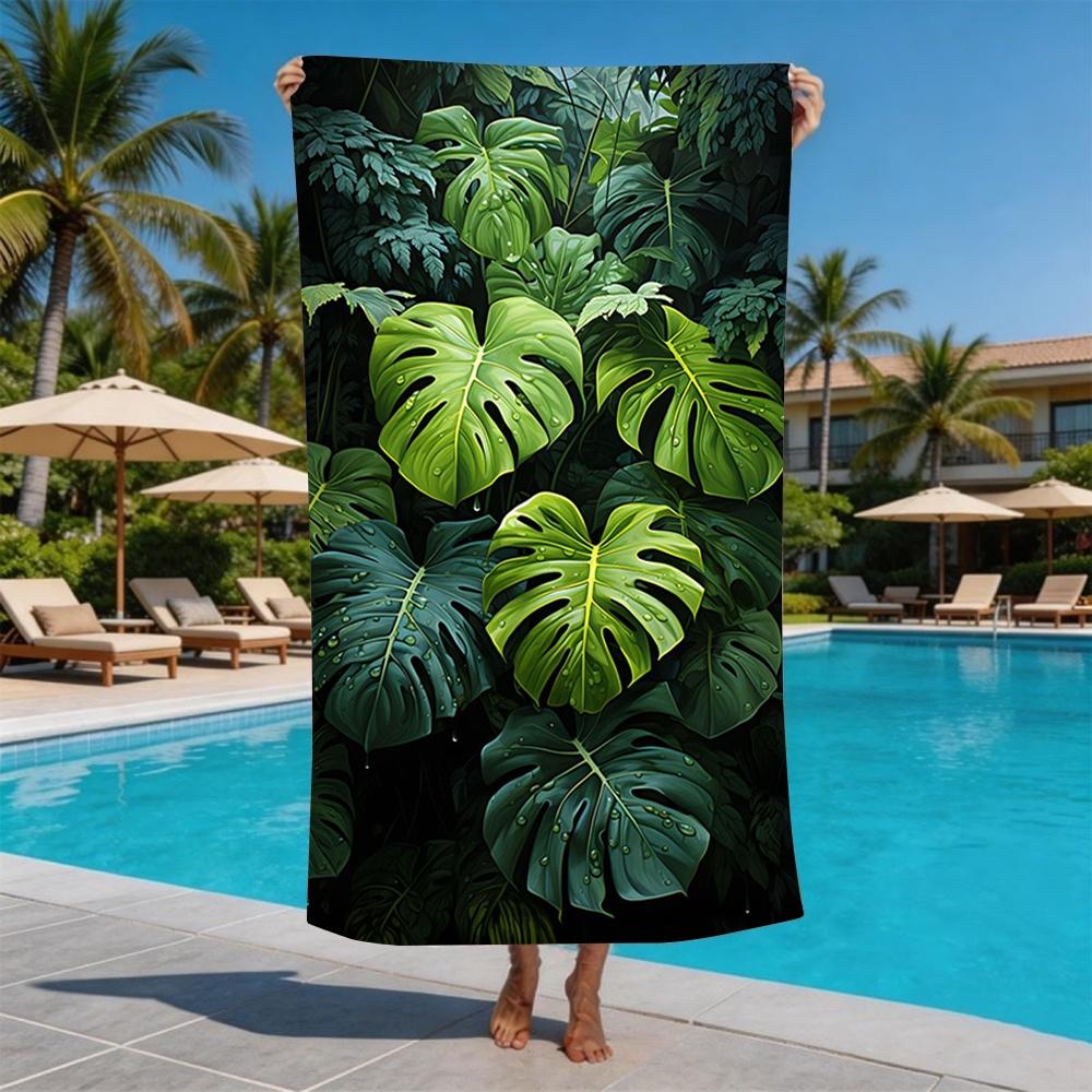 Tropical Monstera Leaves Beach Towel - Lush Green Jungle Print Microfiber Bath Sheet for Poolside Escape
