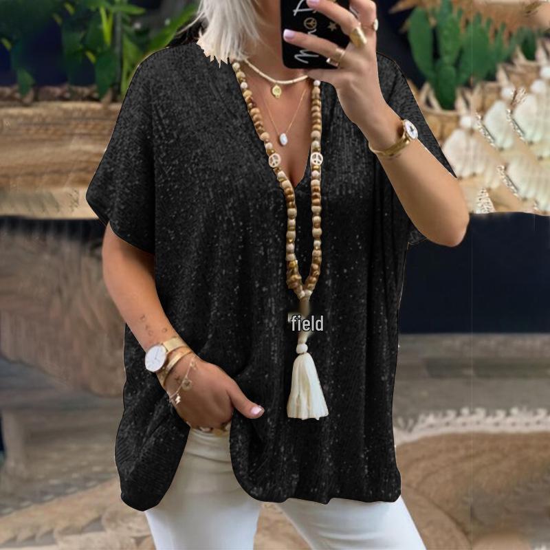 

Европейская/Американская Летняя 2024 Футболка с V-образным вырезом и пайетками: Женский повседневный топ с коротким рукавом свободного кроя XXXL