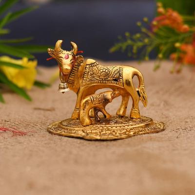 Kamdhenu Cow with CalfMetal Statue Figurine Decorative Gift Item Showpiece for Home Decor - Diwali Decorations Religious Items for Home (Set of 1)