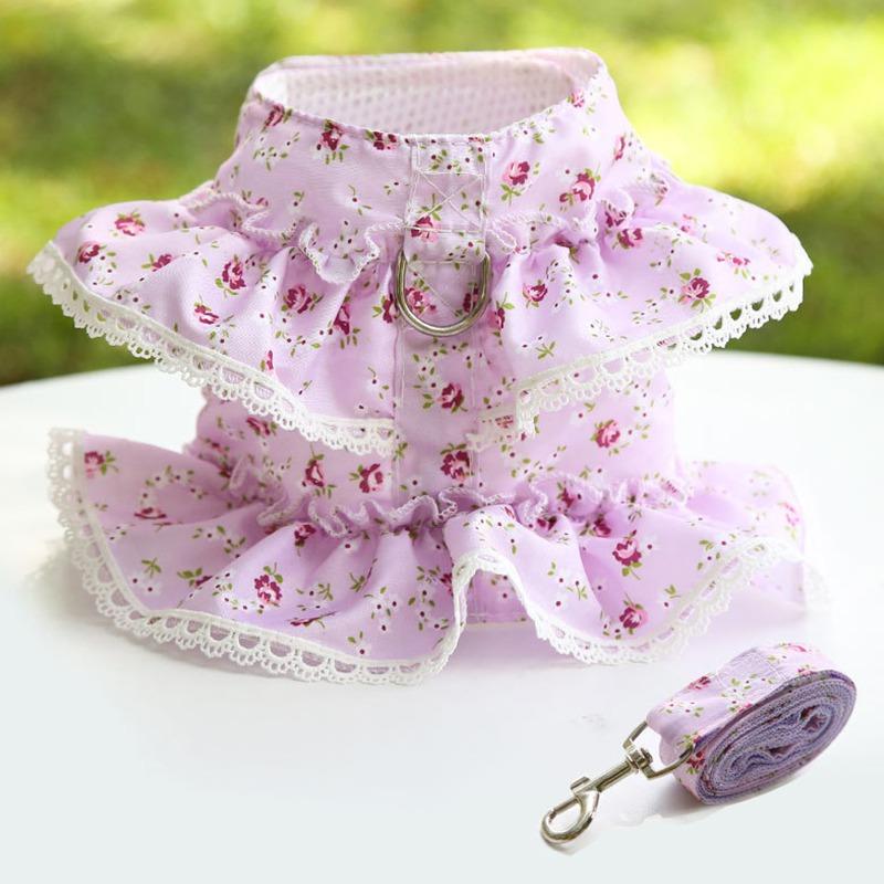 Hunde-/Katzengeschirr-/Leinen-Set, verstellbare Spitze, floral bedruckt, Haustiergeschirr, Weste, süßes Hundekleid, Pubby-Netzgeschirr, Katzen-Leine