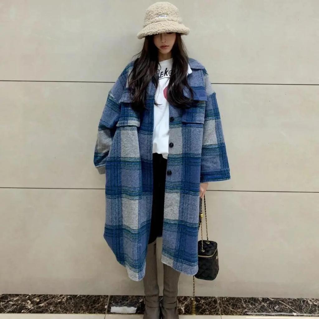 Blue Plaid Jacket Women's Autumn and Winter Loose Retro Mid-length Windbreaker Coat Stacked