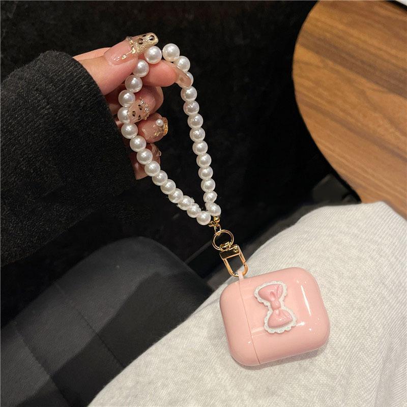 Pink bow wireless bluetooth headset case for AirPods 1st generation 1/1 headset protective cover pearl pendant