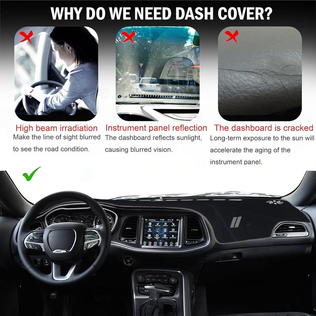 YOSRTER Dashboard Cover for Dodge Challenger Accessories Dash Mat UV Sunshade Dash Cover Protector Gray 2015-2024, Non-Slip Blocker, (Gray Edge, Trim)