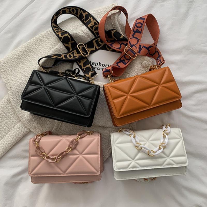 Chic Women Quilted Faux Leather Crossbody Bag, Gold Chain Adjustable Printed Wide Strap Shoulder Purse Casual Daily Handbag
