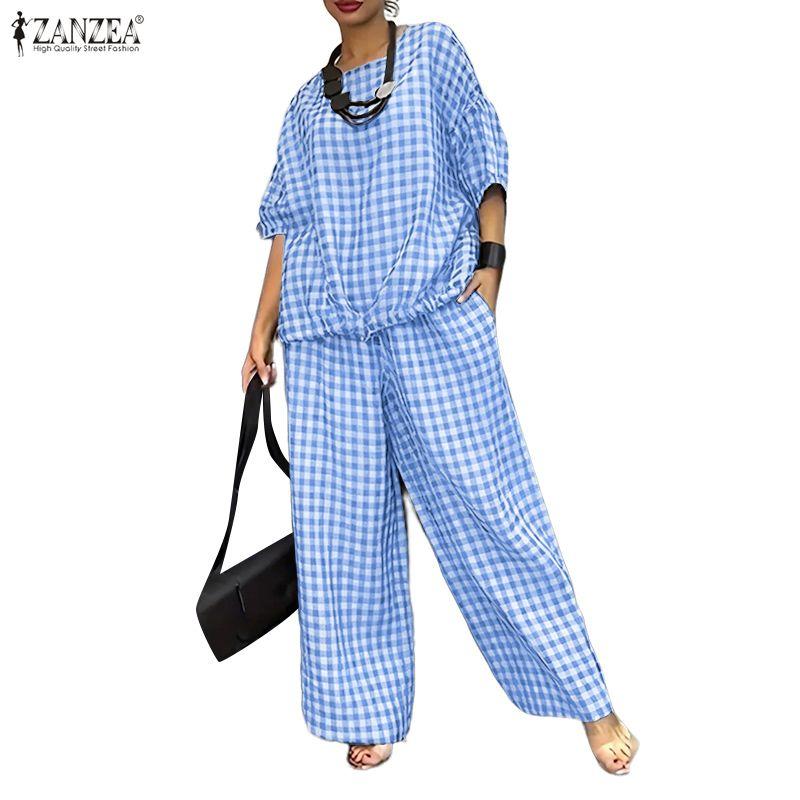 ZANZEA Women 3/4 Sleeve Blouse and Pants Casual Plaid Print Two Piece Suit Sets