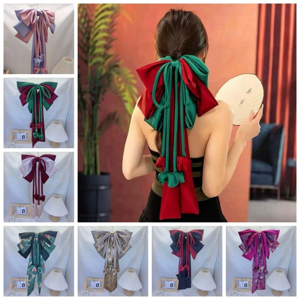 Contrast Color Oversized Bow Hair Clip Sweet Christmas Hair Accessory Satin Ribbon Headdress Gifts
