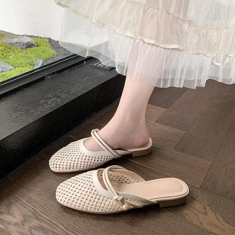 Women Dress Shoes Women's Square Toe Hollow Out Sandals Woman Slipper Designer Flat Elegant Shoe  Inner Layer 2025