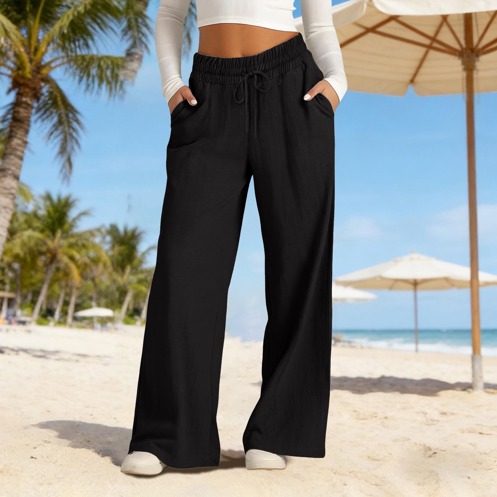 

Wide Leg Linen Pants Women Summer Loose Beach Pants For Women Vacation Lightweight Straight Leg Trousers With Pockets XL чёрный