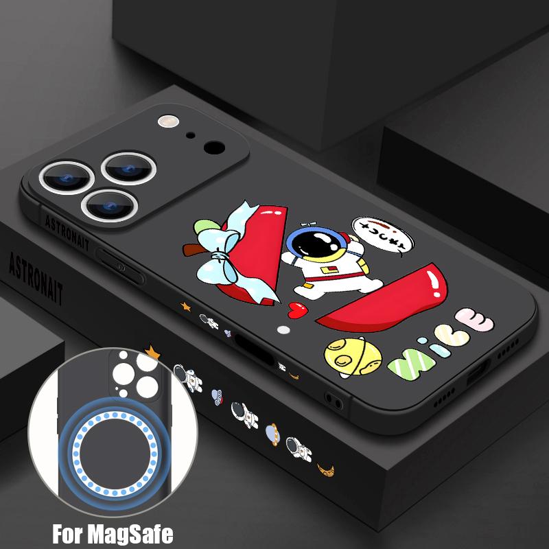Cartoon Astonaut Planet Pattern Case For iPhone 16 Pro Max Magnetic For Magsafe Soft Cover For iPhone 17 15 14 13 Pro Max 17E 16E