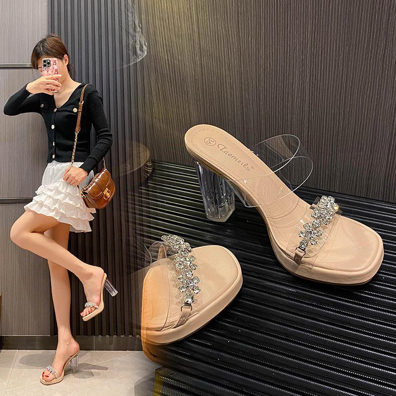 Summer One-Word With High-Heeled Slippers Waterproof Table Crystal Thick Heel Medium Heel Small Size Transparent Sandals Women