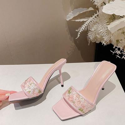 2025 été nouveau maille dentelle brodée bout carré sandales à talons hauts pour femmes talon fin avec un mot port extérieur mules cool femmes