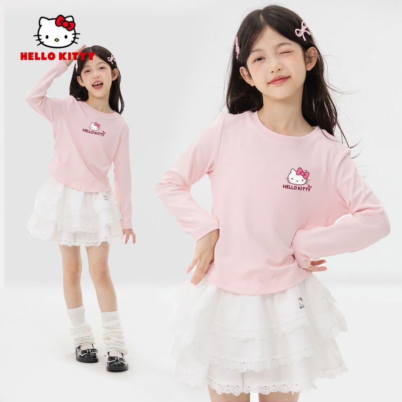 Hello Kitty Girls  Long-Sleeved T-Shirt Spring Children s Base Shirt Style Girls  Top Big Girl Spring Long-Sleeved Clothing Tie Bow K Powder 160